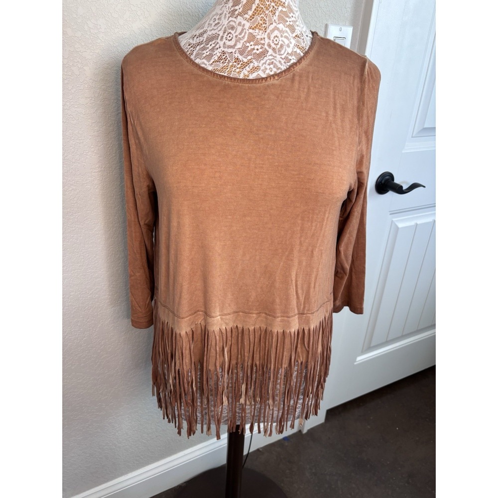 Magnolia Lane Women's Fringe Knit Top Brown M 3/4 Sleeve Boho Western Festival